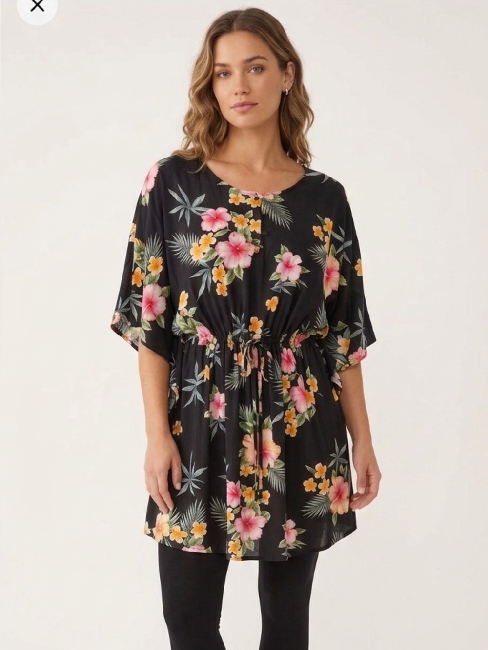 Floral Black Tunic with Pink and Yellow Accents